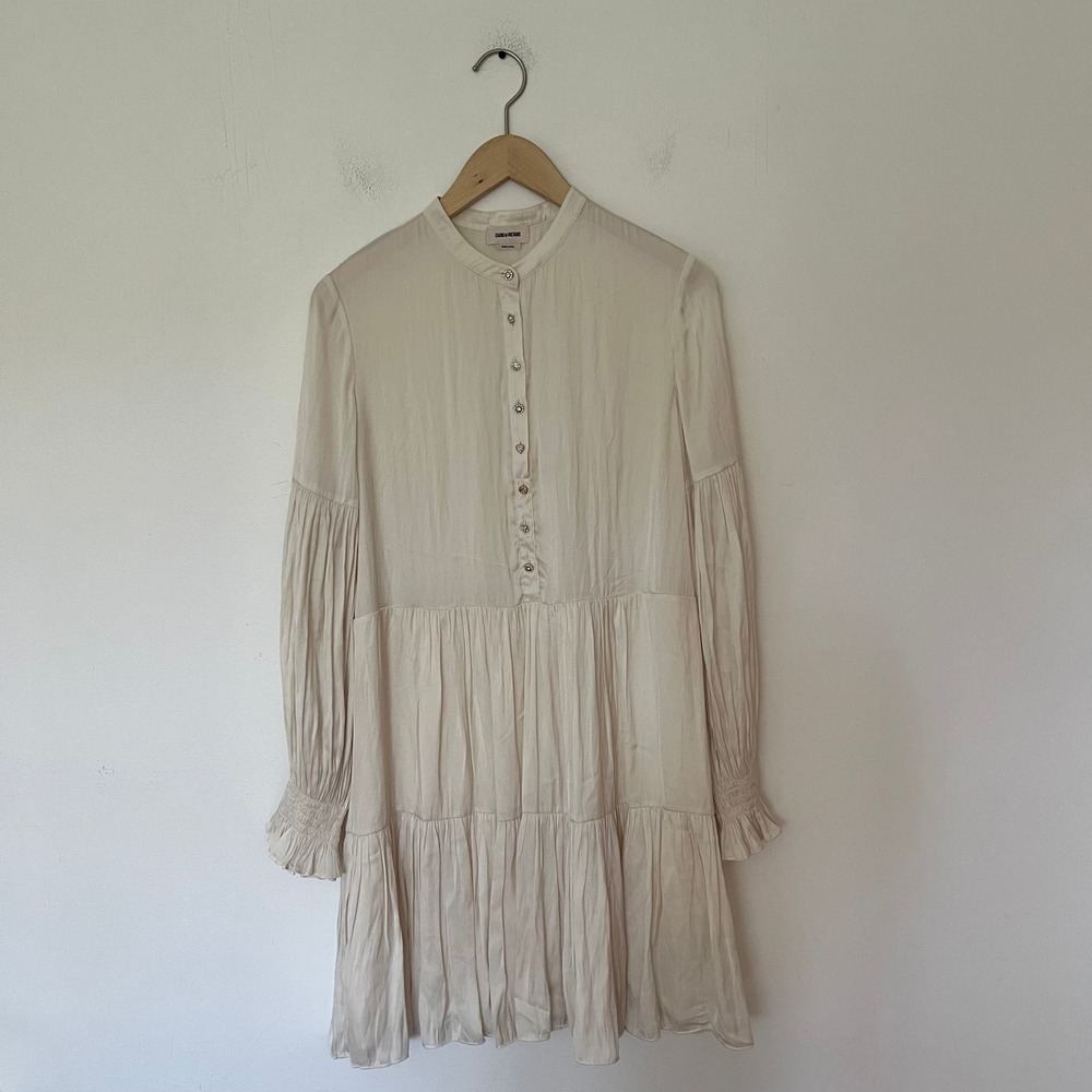 Zadig & Voltaire Randy Satin Dress Cream Tiered Babydoll Crystal Buttons L